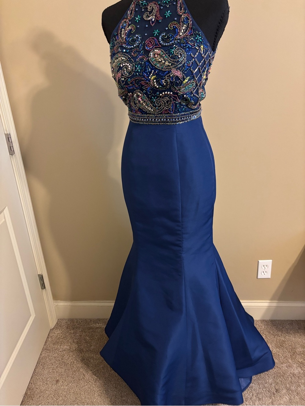 Sherri Hill Navy Beaded Halter Mermaid Gown